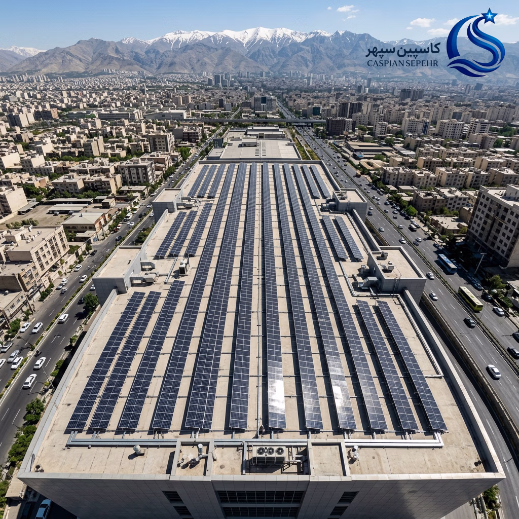 پنل خورشیدی برای سازمانها و ادارات؛ راهکار عبور از ناترازی برق<br><p dir="rtl" lang="fa"></p> 3 نمای هوایی سیستم ۱۰۰ کیلوواتی پنل خورشیدی روی پشتبام ساختمان صنعتی تهران